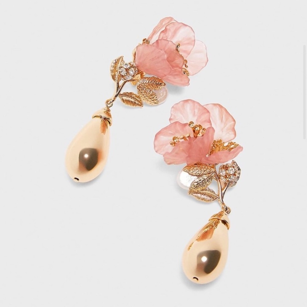 Oversized Pink Floral Gold Earrings